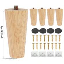 4-Piece Wooden Furniture Leg Set - Natural Wooden Chair Legs, Straight/Bevel Style, 4 Base Plates, 4 Non-Slip Pads And 16 Screws For Armchairs, Dressers, Sofas, Tables.