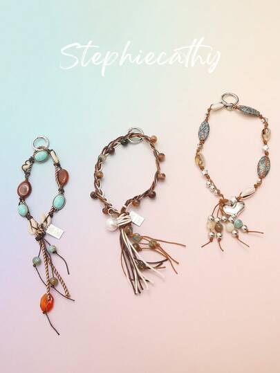 STEPHIECATHY 女士复古波西米亚手工串珠编织绳包挂饰贝壳心形彩色树脂石珍珠装饰手链手提包饰链吊坠流苏绳配饰礼物夏季发饰波西米亚西部风