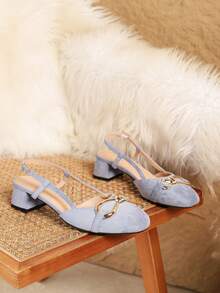 Women's Casual Metal Buckle Decor Round Toe Chunky Heel Slingback Pumps, Light Blue Color - Baby Blue - View 6