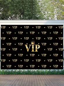 1pc Crown VIP Photography Background Cloth - Black And Gold, Modern Rectangular Decorative Hanging Banner, Suitable For Graduation Ceremony, Dance Party, Birthday Party - Multipurpose Polyester Fiber Banner, Available In 6 Sizes, Applicable For Photography Studio And Various Events, Suitable For Indoor And Outdoor Decoration Props - Multicolor - View 1