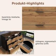 Sideboard With High-Quality Glass And Wood Veneer, 6 Drawers, Stable Structure, Easy To Clean