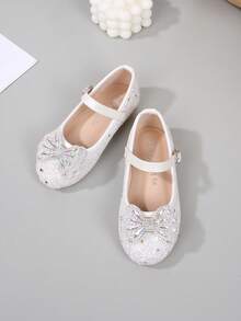 Shiny Sequin Bow Tie Party Wedding Dance Flat Shoes, Wedding Guest Ballet Flats Suitable For Toddler, Little Kid And Big Kid, High-End Fashion Shiny Sequin Party Wedding Dance Flat Shoes - White - View 4