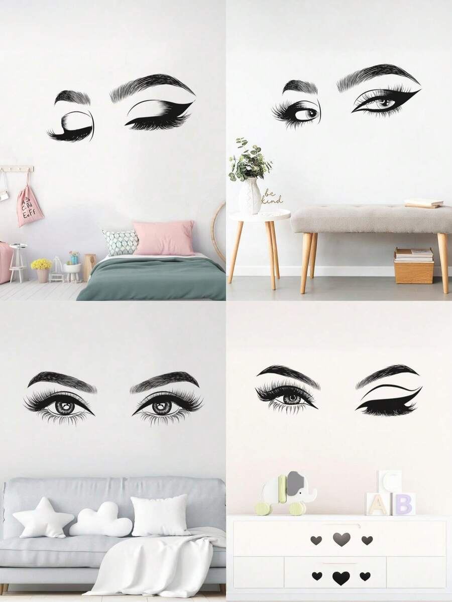 Eyes Wall Decals Big Eyes Lash Room Decor Fashion Eyelash Wall Sticker Removable Diy Mural Art Women Beauty Room Decor Beauty Salon Decor For Make Up Salon Living Room Bedroom - Black - View 1