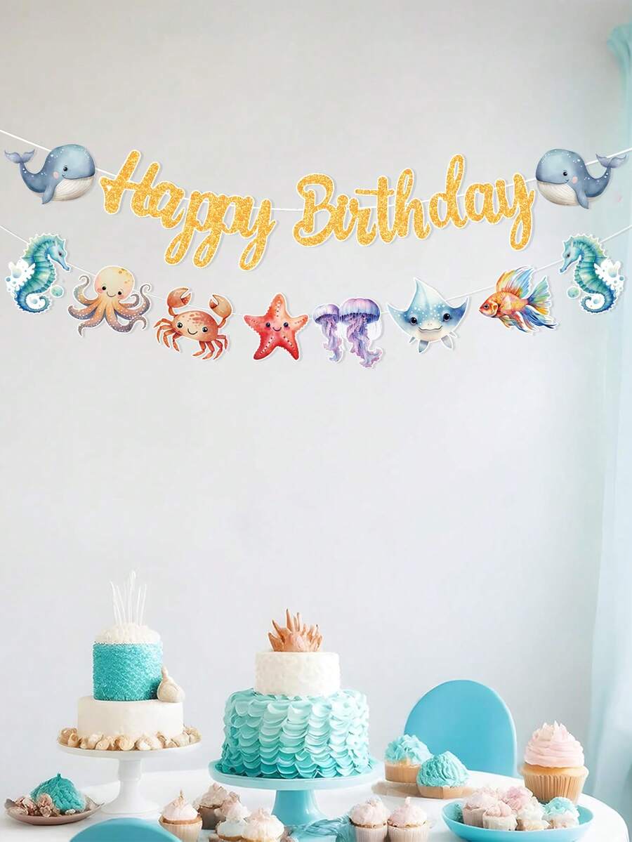 1 Set Ocean Themed Birthday Banner, Happy Birthday Ocean Animal Pattern Hanging Banner, Birthday Background Decoration, 1st Birthday Party Supplies, Ocean Party Decor, Ocean Themed Birthday Party Decorations, Underwater World Party Decor, Birthday Hanging Ornaments, Bridal Shower Gift, Wall Decor, Photo Prop, Banner Flag, Summer Party Decoration