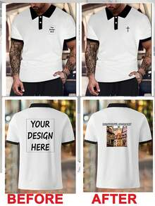 Polo de contraste de color blanco y negro personalizado de doble cara, polo casual de negocios con solapa y detalles de botones, adecuado para salidas informales, ocasiones de negocios, golf y tenis, regalo para hombres - Blanco - Ver 2