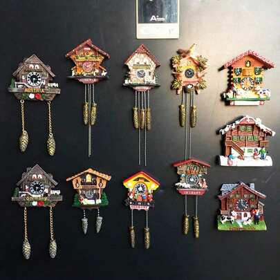 1 件手工制作德国/奥地利/瑞士纪念品木制布谷鸟钟冰箱贴，梵高风格创意彩绘礼品