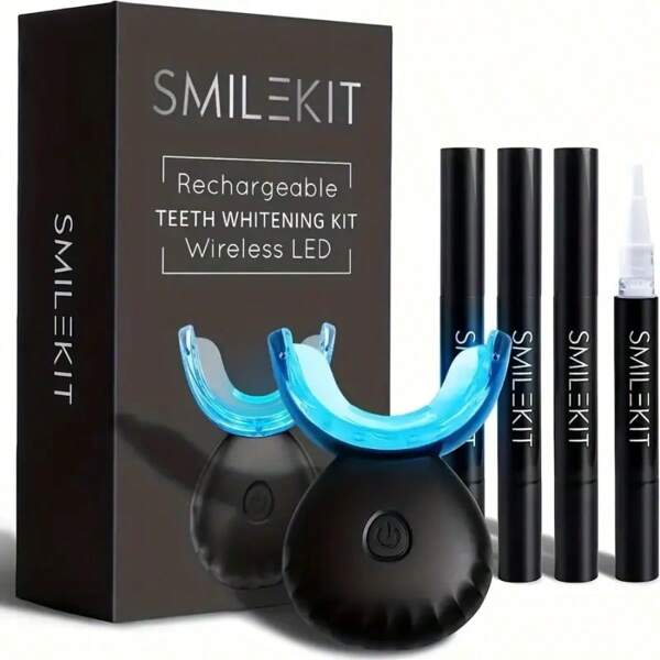 Kit de blanchiment des dents, embout buccal LED bleu sans fil, blanchiment des dents rapide et doux, nettoyage naturel et efficace des taches, système de blanchiment des dents à domicile