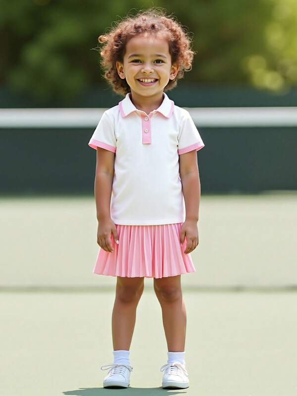 2pcs Girls Outdoor Sports Casual Outfit Set - Colorblock Button-Up Short Sleeve Knit Top & Elastic Waist Solid Color Mini Skirt, Sweet Academy Style, Spring/Summer