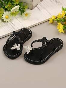1 Pair Toddler Girls Black Flat Sandals, PU Toe-Loop Strap With Shiny Rhinestone Buckle, Pearl & Butterfly Decor, Round Toe Non-Slip Lightweight Cute Roman Style House Slippers, Suitable For Baby Girls Daily Casual, Party, Holiday, Spring/Summer 2025 - View 5
