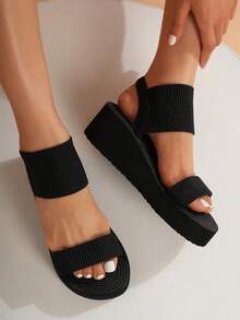 Women Platform Sandals Thong Wedge Slip On Sliders Hollow Peep Toe Black Beach Summer Travel Vacation - Black - View 4