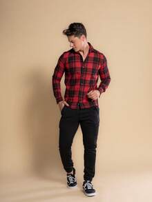 Men's Plaid Shirt, Long Sleeve, Party, São João - Đỏ - Xem 1