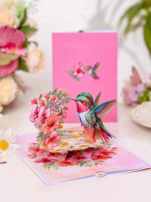1 pièce Carte de vœux florale motif fleur colibri hibiscus, carte artisanale en papier, cadeau Saint-Valentin, carte de vœux de mariage, carte cadeau d'anniversaire, cadeau fête des mères