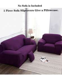 1pc Solid Color All Season Stretch Sofa Cover, Elastic Bottom & Anti-Slip Foam Pet Protector, Machine Washable Furniture Slipcover - Purple - View 3