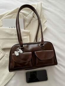 Bolso de mano tipo tote de gran capacidad en PU, minimalista y de moda para damas de oficina, con múltiples bolsillos, de unicolor y gran capacidad - Café - Ver 7