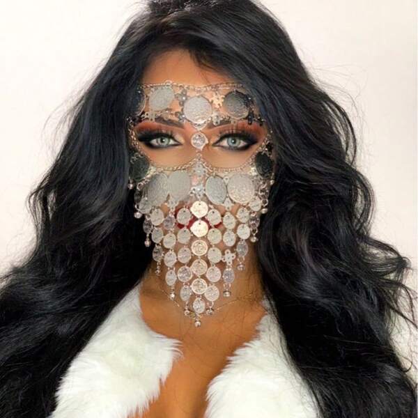 Luxuriöser Münzen-Glocken-Quasten-Masken-Schleier-Gesichts-Ketten-Kopfschmuck für Bauch-Tanz-Bühnen-Cosplay-Partys, Boho-Festivals und als Haargeschenk