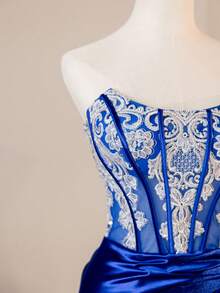 Navy Blue Sleeveless Lace-Patchwork Mermaid Satin Waist-Cinched Slit Maxi Dress, Elegant Evening Gown, Formal, Party Dress, For Wedding Guest - Royal Blue - View 2