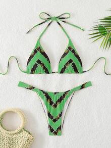 LUCKY HOLIDAY Fashionable Sexy Tied Triangle Striped Print Bikini Set - Dark Green - View 2