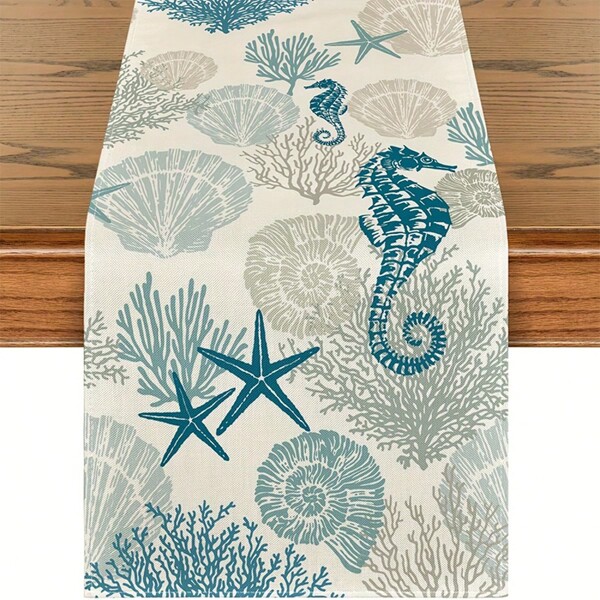 1pc Ocean Inspired Table Runner - Featuring Coral, Starfish, Seahorse And Spiral Patterns, Made Of Polyester Fiber, Suitable For Home And Party Dining Decor, Coastal Table Decor, Beach Themed Decor, Tablecloth
