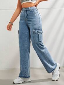 Calça Cargo Denim Casual e Estilosa com Vários Bolsos para Uso Diário Feminino