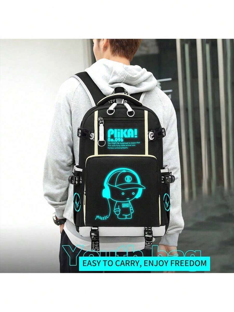 Glow In The Dark Backpack, Music Graphic Print, Suitable For High School/College Students, Large Capacity, Fashionable, Multipurpose Unisex Laptop Bag, Travel Rucksack (All Strap Patterns Random) School Backpack - Black - View 1
