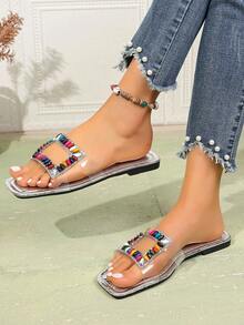 2025 New See-Through Crystal Rhinestone Embellished Square Buckle Sandals, Fairy Style - Silver - View 5