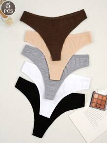 5pcs Women's Solid Color Cotton Breathable Sexy Comfortable Thong Panties