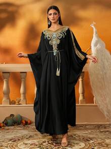 AmazingHoney Áo dài kaftan tay rộng màu đen sang trọng thanh lịch theo phong cách Trung Đông, váy Ả Rập cho phụ nữ, váy abaya, khiêm tốn - màu đen - Xem 7