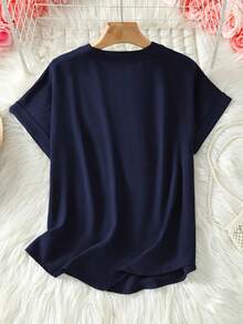 Plus Size Women's Solid Color Cut-Out Short Sleeve Shirt Summer - Navy Blue - View 2