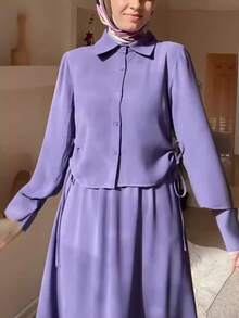 时尚女士休闲抽绳衬衫连衣裙套装，尽显高贵优雅的春季风情 - 紫色 - 查看 5