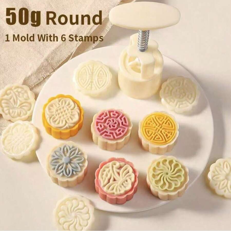 4 件套 DIY 月饼模具，非常适合中秋节和烘焙 - 绿豆月饼模具、饼干模具、圆形花饼模具 - 白色 - 查看 1