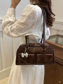 Bolso de mano tipo tote de gran capacidad en PU, minimalista y de moda para damas de oficina, con múltiples bolsillos, de unicolor y gran capacidad - Café - Ver 5