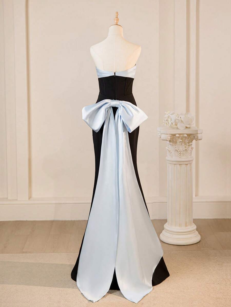 فستان ماكسي فاخر بفتحة في الظهر وبلا أكمام وتصميم كتل لونية مقسمة وزينة عقدة الفراشة، فتحة طويلة، فستان سهرة أنيق للتخرج والزفاف وحفلات العودة للمنزل