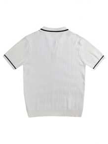 Camicia polo uomo a maniche corte in maglia bianca - bordi neri sul colletto e polsini - design a righe verticali con costine - tessuto morbido e confortevole per uso casual quotidiano, streetwear e outfit di moda