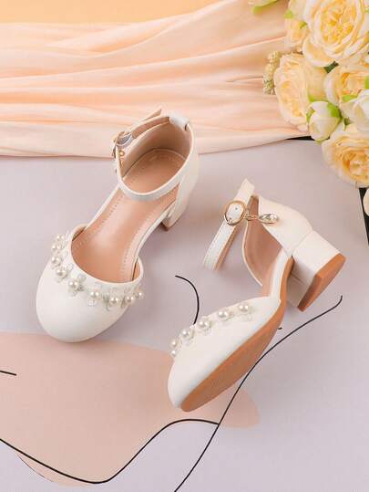 Girls White Pearl Thick Heel High Heels Strap Formal Dress Flower Girl Ballet Dance Wedding Party Shoes, Hook-And-Loop Casual Everyday Shoes Fit For Small/Medium/Children