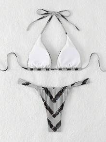 LUCKY HOLIDAY Fashionable Sexy Triangular Tie-Up Bikini Set - Grey - View 3
