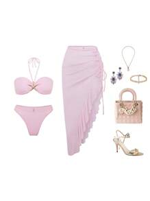 Allurini Cute Ocean Elements Shell, Starfish Decor Casual Going Out, Beach Holiday, Beach Party Solid Color Ruffles Fitted Asymmetrical Drawstring Tie Up Flounce Mesh Cover Up Maxi Dress + Basic Bikini 3-Piece Swimwear Set, Ibiza Outfit