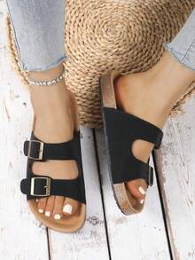 2025 Spring/Summer New Fashionable Women Cute Comfortable Thick-Sole Sandals, Women Elegant Flat Sandals, Resort Style Beach Shoes, Slip-On Flat Casual Slippers Suitable For Dresses, Beach Or Apartment, Black, White, Khaki, Brown, Coffee, Beige, Formal Shoes, Holiday Sandals, Bohemian Style Beach Walking Shoes, Flat Loafers, Thick-Sole Flat Sandals - Black - View 2