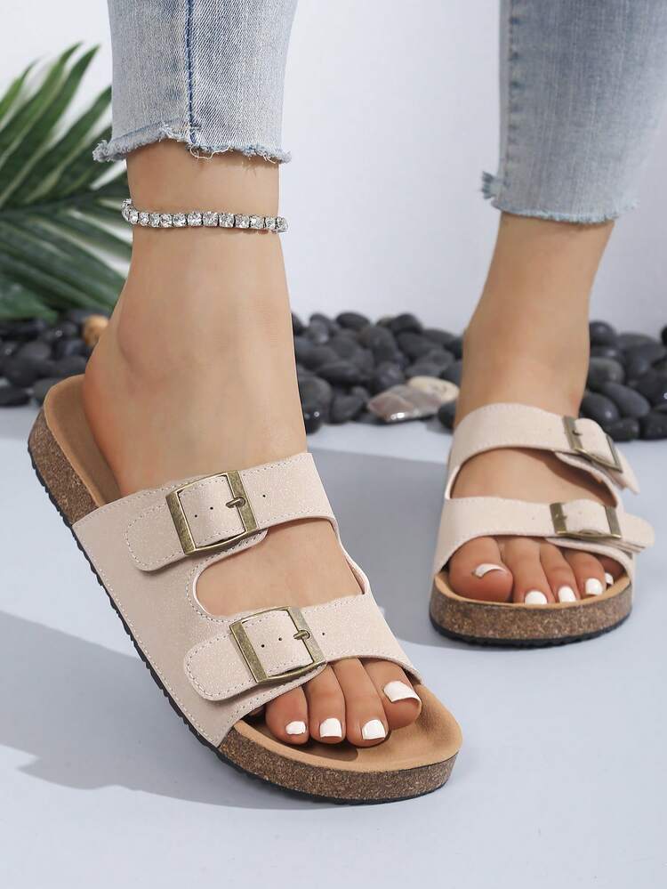 Sandalias casuales cómodas con suela gruesa y hebilla, nuevas sandalias de verano con suela suave para exteriores y playa - Beis - Añade 4