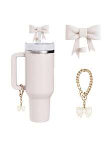 Kompatibel mit Cup-Zubehör – 3 Stücke 10-mm-Strohhalmaufsätze mit Schleife, kompatibel mit der Strohhalm-Abdeckkappe des Cups, 2 Stücke weiße Schleifenanhänger für 30- und 40-oz-Becher mit Griff, mehrere Farbkombinationen erhältlich