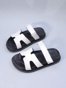 1 Pair Children Simple Two-Tone Leather Comfortable Lightweight Double-Strap Design Flat Casual Sandals, Suitable For Daily Wear And Vacation