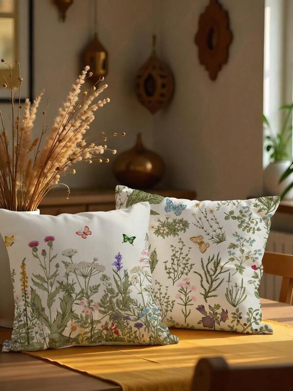 1pc/2pcs Floral & Butterfly Print Polyester Throw Pillow Cover, Decorative For Room, Bedroom, Sofa, 45x45cm Without Insert