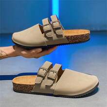 2025 Spring/Summer New Fashion Casual Beach Sandals, Closed Toe Lightweight & Breathable Unisex Couples Slippers, PU Material, Outdoor Beach Shoes, Arabic Style, Non-Slip & Durable, Random Patterns, Stitching, Buckle, Black, Khaki, Brown - Khaki - View 7