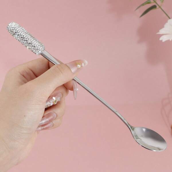 1PC High End Glass Crystal Rhinestone Long Handle Spoon, Coffee Spoon, Long Handle Serving Spoon, Ice Cream Mixing Spoon, Elegant Home Kitchen Utensil Accessory, Thick Design, Perfect For Use In Homes, Hotels, Bars, And Restaurants.,School Supplies
