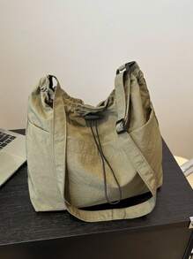 A Simple Bucket Shaped Crossbody Bag With Adjustable Shoulder Straps, Drawstring Closure, Special Nylon Material, Lightweight, Thin, Breathable Fabric, Solid Color, Suitable For Both Men And Women's Daytime Travel And Commuting