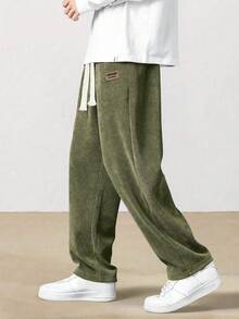 Pantalones rectos sueltos de pana, pantalones deportivos casuales de unicolor para hombres, todo a juego - Verde - Ver 1