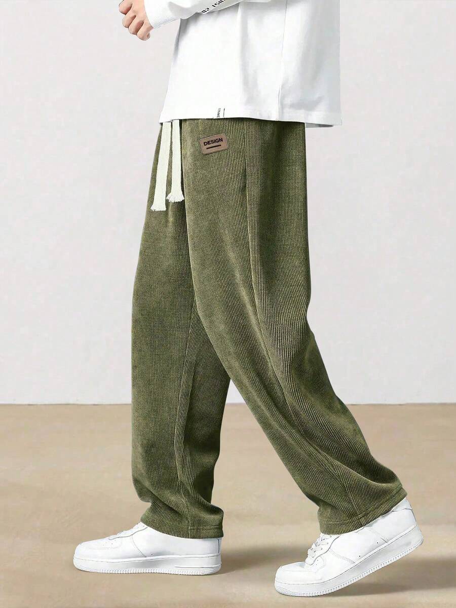 Pantalones rectos sueltos de pana, pantalones deportivos casuales de unicolor para hombres, todo a juego - Verde - Ver 1