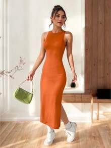 Long Fitted Off-The-Shoulder Dress With Leg Opening And Open Back - Orange - View 2