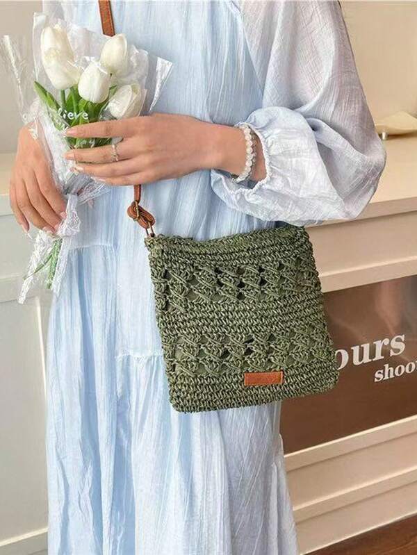 حقيبة كروشيه صغيرة الحجم ذات لون أحادي قطعة واحدة، حقيبة كتف من القش بحزام قابل للتعديل، حقيبة يد نسجية عصرية، كيس هاتف نسائي مزين بزهور