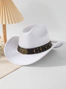1pc Solid Color Casual Vintage Polyester (Polyester) Animal Shaped Cowboy Hat With Retro 3D Copper Bull Head Badge, Square Rivet, Round Rivet, Yellow Stone Element Leather Strap, American Western Wide Brim Cowboy Hat