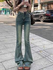Women's Casual Washed Distressed Slim Fit Flare Pants, With Button And Zipper Details, Mid-Stretch Fabric, Creating A Decadent Style For Autumn Fall - Retro Blue - View 2